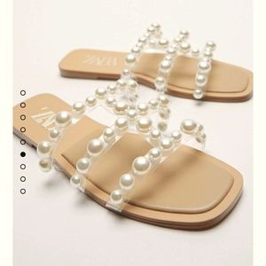 ZARA NWT Square toe flat pearl sandal slides